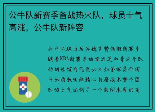公牛队新赛季备战热火队，球员士气高涨，公牛队新阵容