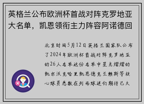 英格兰公布欧洲杯首战对阵克罗地亚大名单，凯恩领衔主力阵容阿诺德回归