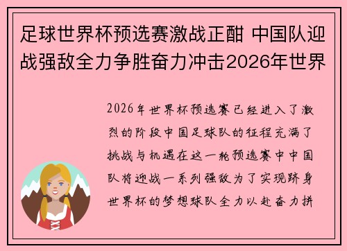 足球世界杯预选赛激战正酣 中国队迎战强敌全力争胜奋力冲击2026年世界杯梦想